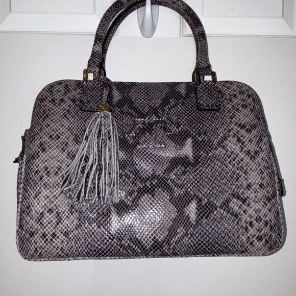 NEW Tory Burch Thea snake print 3 zip compartment purse bag satchel gray leather - Picture 2 of 9